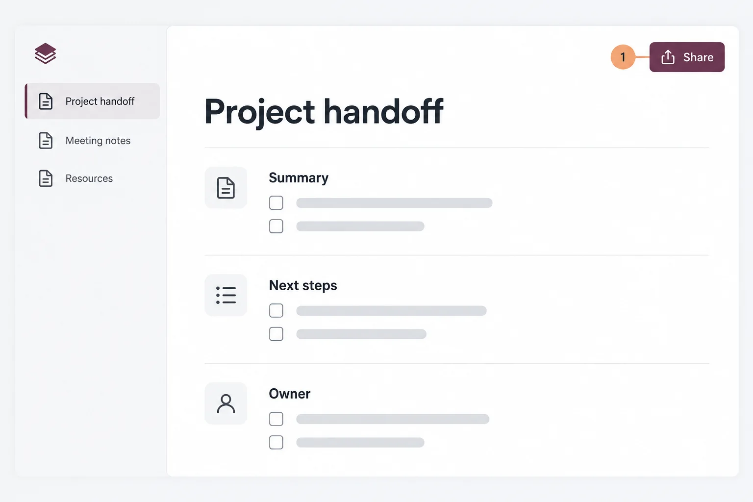 Illustrative project handoff document with a highlighted Share button.