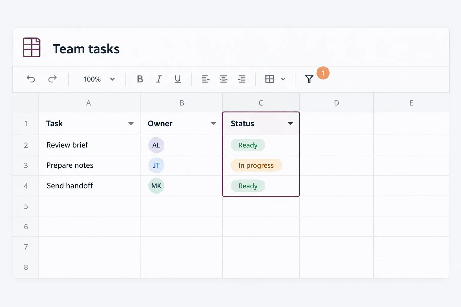Illustrative spreadsheet task tracker with a highlighted Status column.
