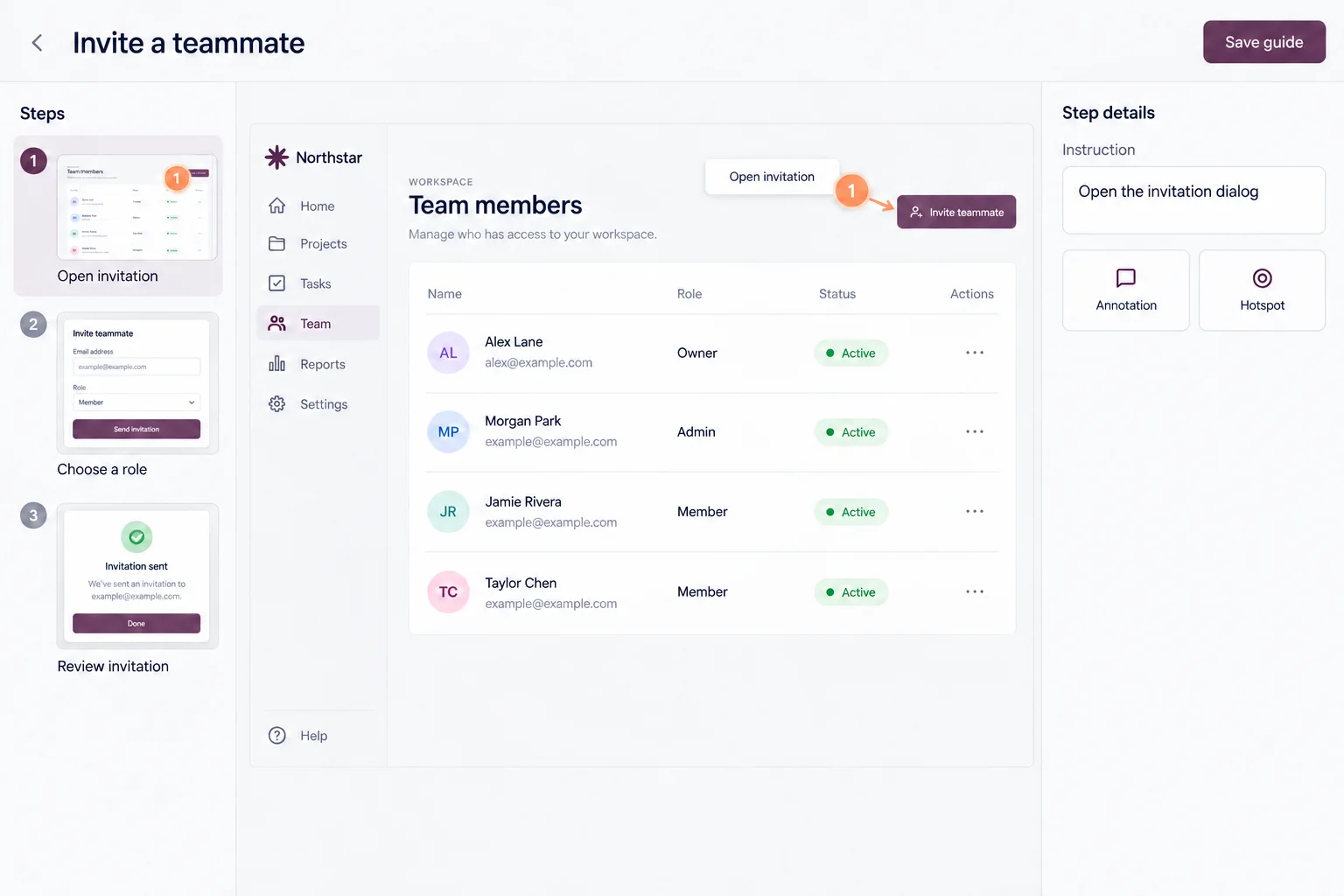 Illustrative guide editor with steps, a screenshot and instruction controls.