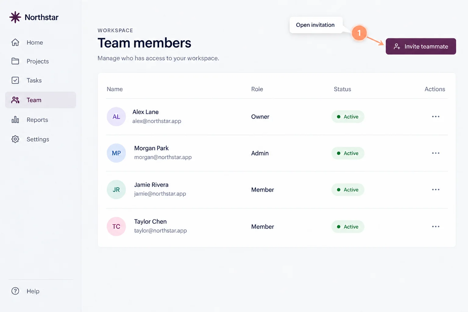 Illustrative workspace team page with an invitation hotspot.